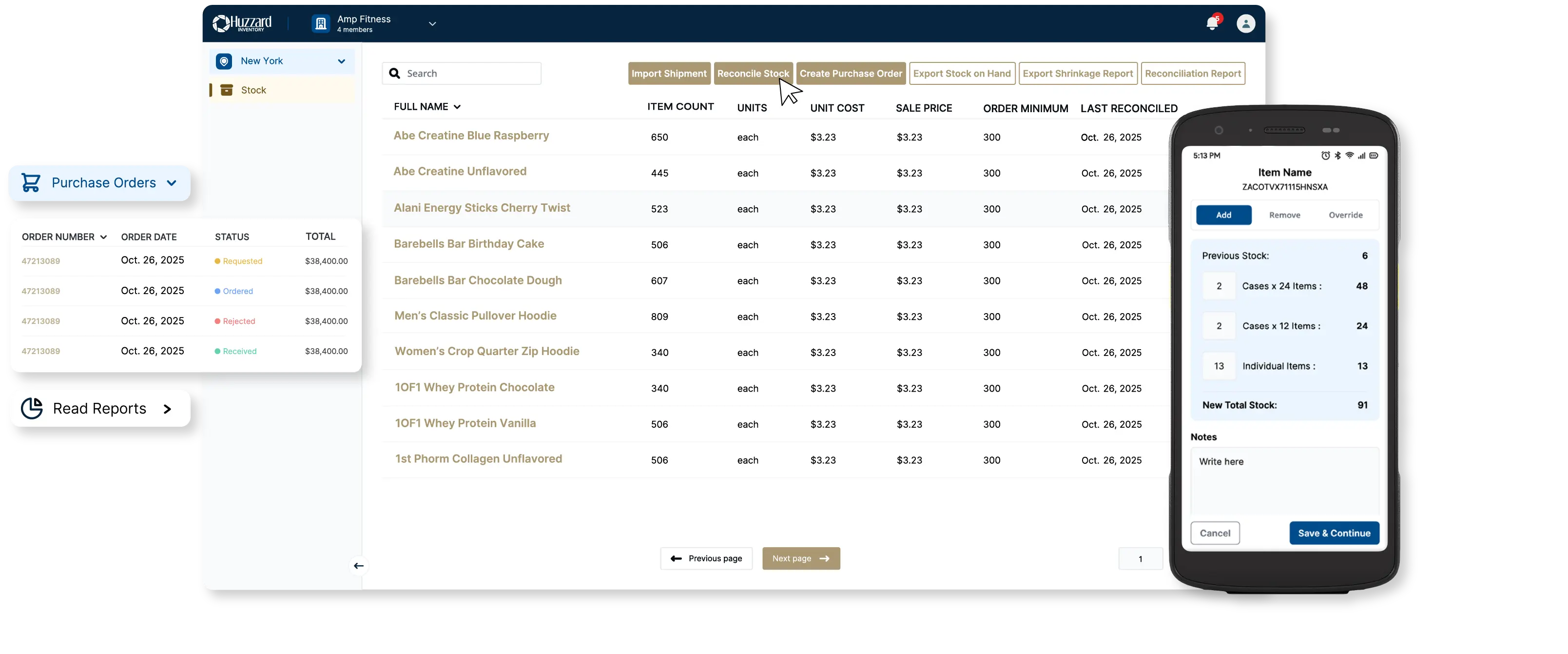 Huzzard Retail Inventory management software dashboard displaying real-time stock levels, purchase orders, and mobile inventory receiving on a mobile computer.