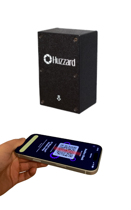 Compact indoor access control enclosure HRIMS-IND-ENC-KIT scanning a barcode on a smartphone screen.