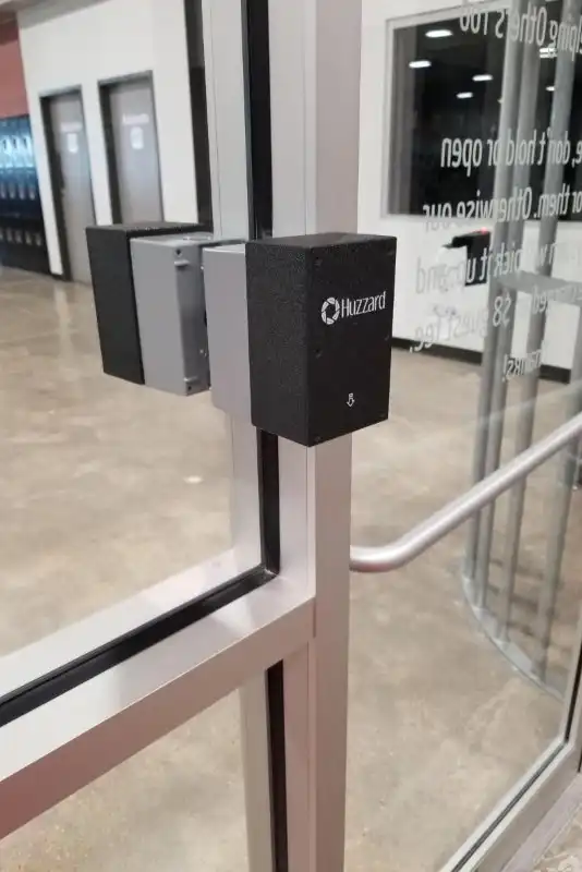 Compact indoor access control enclosure HRIMS-IND-ENC-KIT mounted in a fitness club.