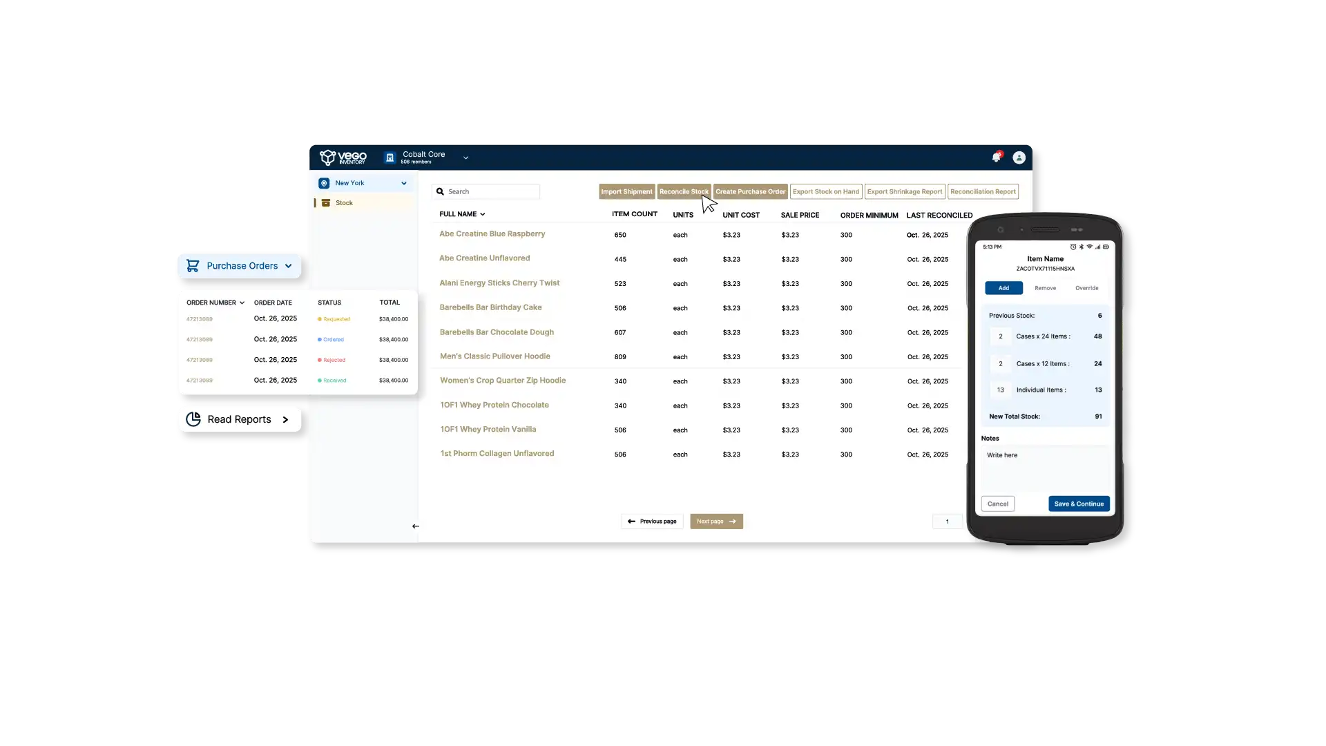 Vego Inventory dashboard displaying real-time stock levels, purchase orders, and mobile inventory receiving on a mobile computer.