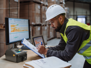 A man in a manufacturing environment going over charts